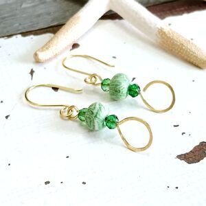 Boho Chic Green Beaded Hammered Dangle Earrings, Statement Artisan